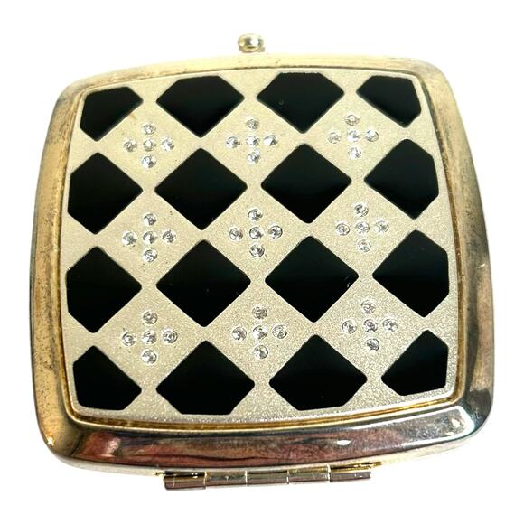 Black White Checkered Rhinestone Accents Two Sided Compact Mirror Pocket Mirror - Picture 1 of 5